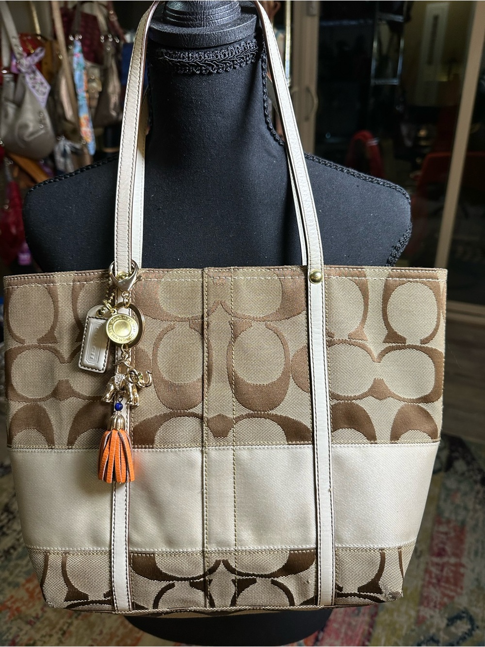 Coach Y2K Beige Signature Canvas Tote with Leather Trim Stripped Interior